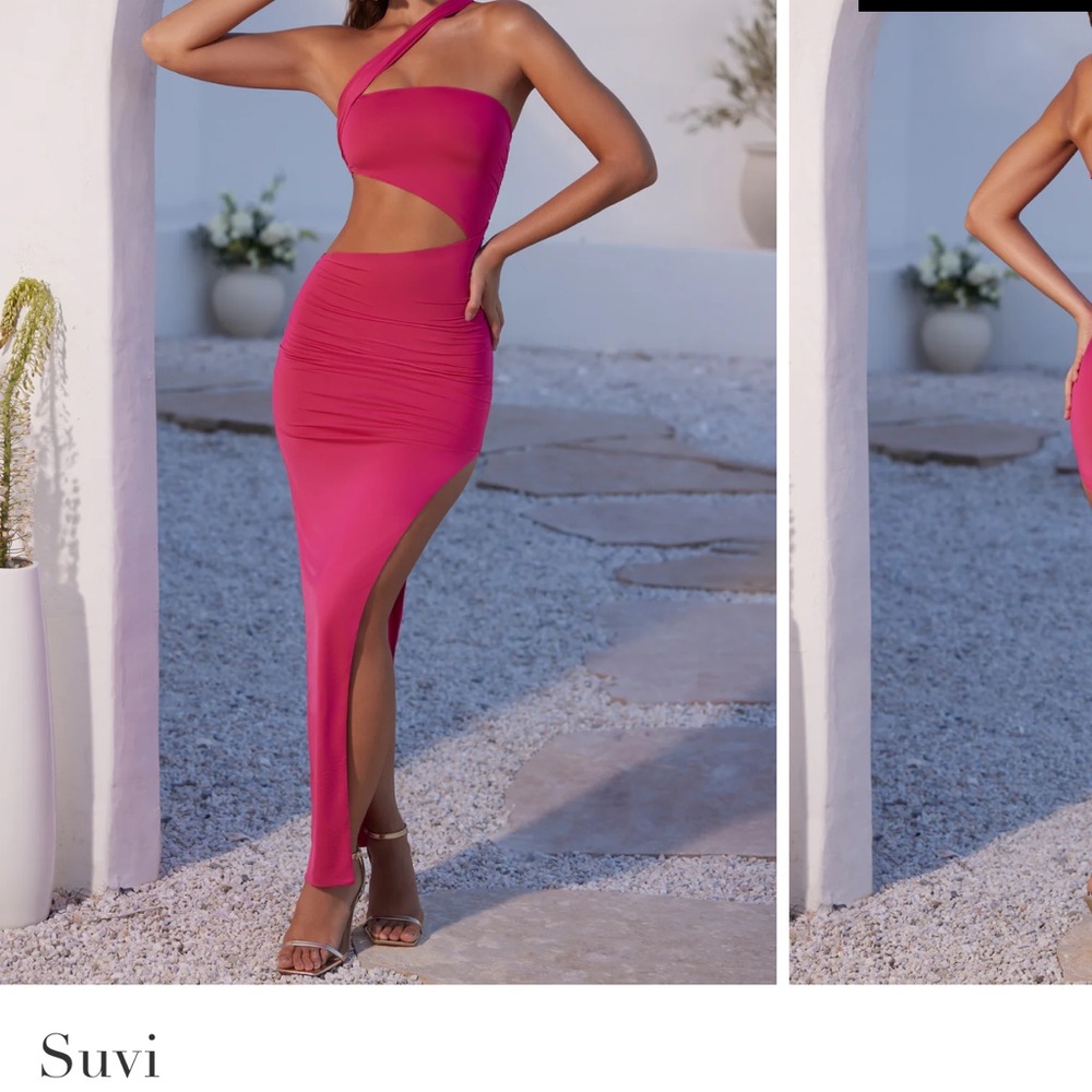 Oh Polly Suvi Asymmetric Neckline Ruched Cut Out Maxi Dress in Fuchsia
